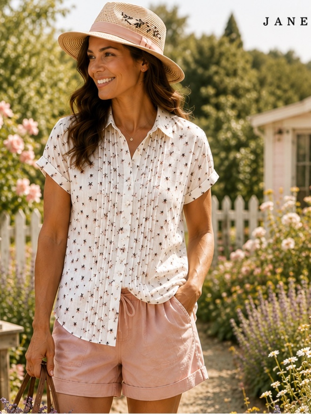 Anthropologie Jane + Delancey Honey Bee Print Cotton Blouse Pintuck Medium